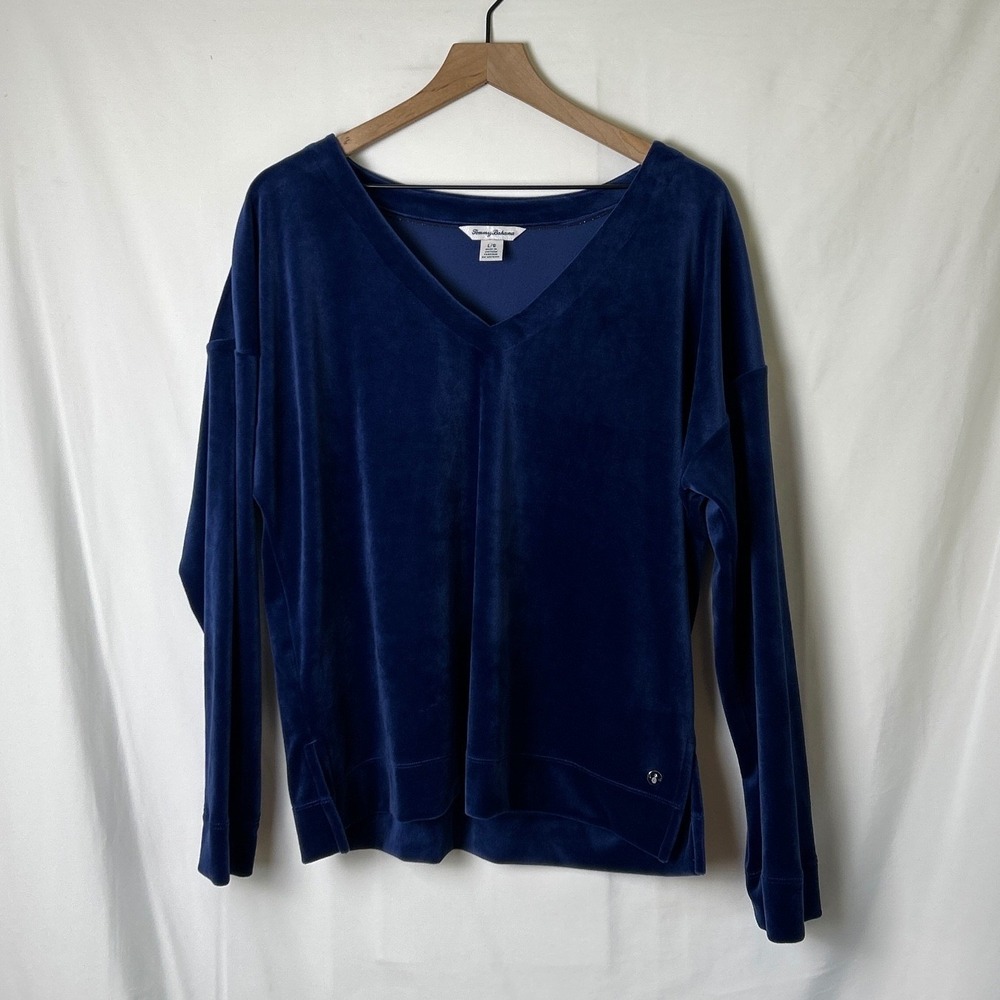Tommy Bahama Womens V-Neck Velour Long Sleeve Top Size L Navy Blue Loungewear